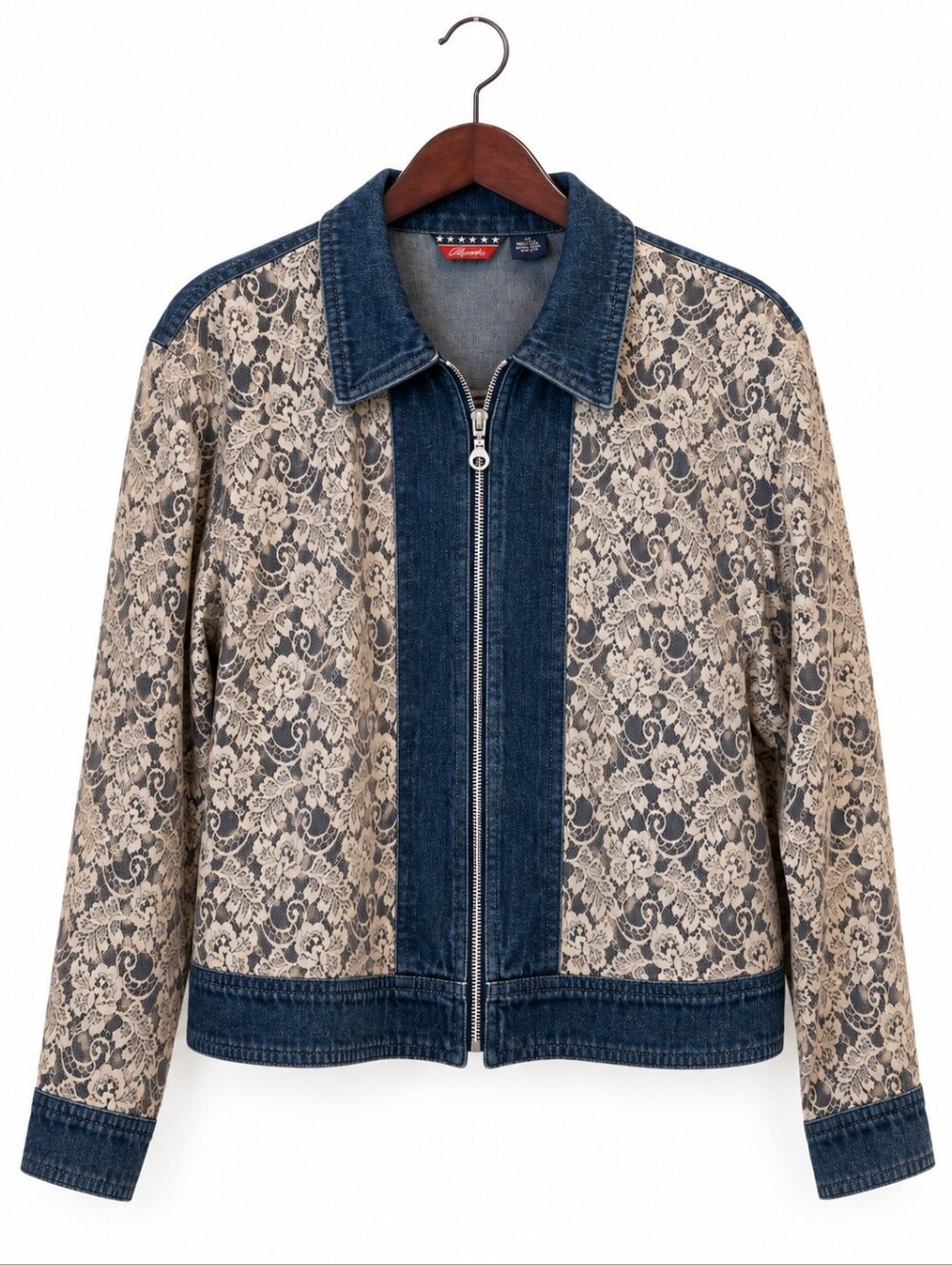 AGAPO Denim Jacket‎ Women's Lace Panel Blue Zipper Front Y2K Size Large BOHO
